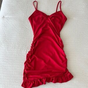 Red Ruched Spaghetti Strap Dress